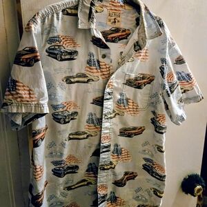 RedHead Men's Patriotic Car Print Shirt - Blue and White